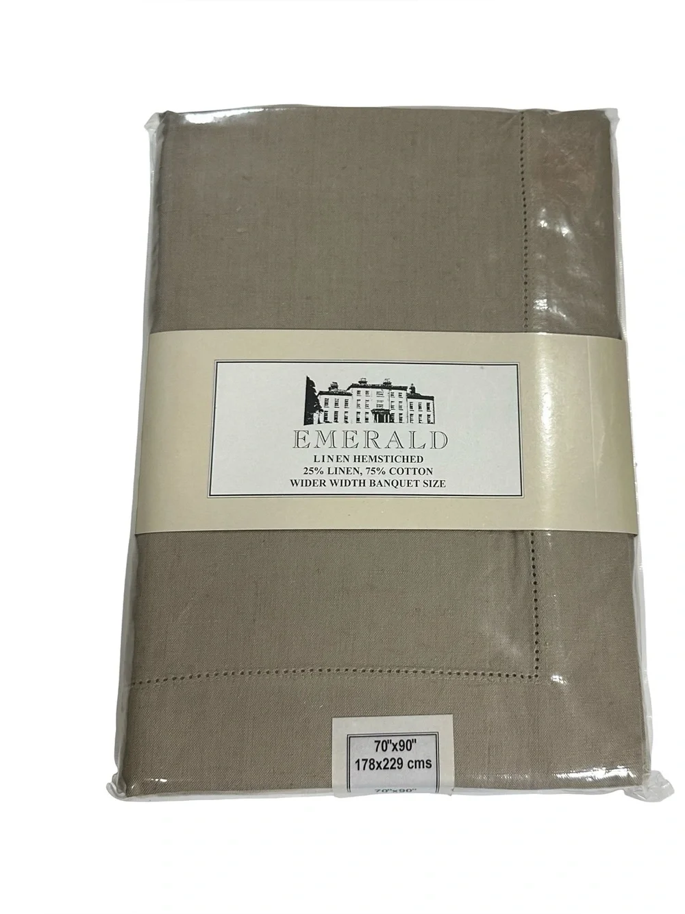 Emerald Linens Taupe Hemstitched Linen Cotton Tablecloth 70x90 Banquet Size NIP